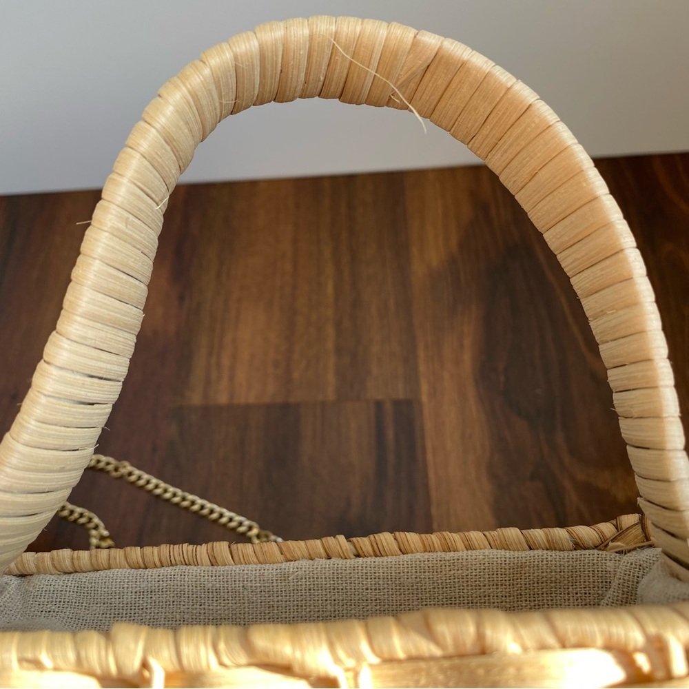 Zara Woven Raffia Straw Structured Handbag with Gold Chain Drawstring Linen - Picture 6 of 13